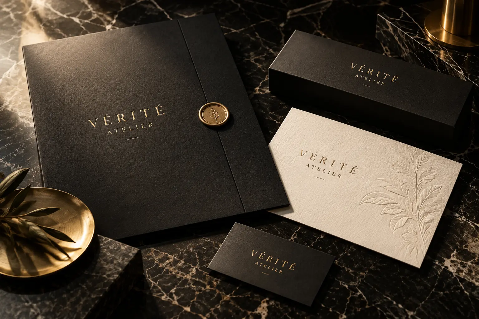 Vérité Atelier brand identity concept featuring premium stationery and packaging